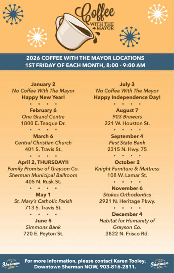 Flyer containing 2026 Coffee with the Mayor Locations. View our events page for more information
